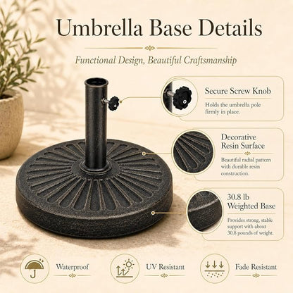 30.86 Lbs 18.11 Inch Round Umbrella Stand, Heavy Duty Weighted Base for Outdoor Market Parasols, Stable Holder for Patio Deck Lawn Garden Poolside, Black