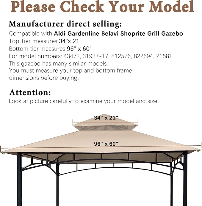 SCOCANOPY Grill Replacement Canopy BBQ Gazebo Top Compatible with Aldi Gardenline Belavi Shoprite Grill Gazebo,for Model Number: 43472,812576,822694,31937-17,21581,(Light Beige)