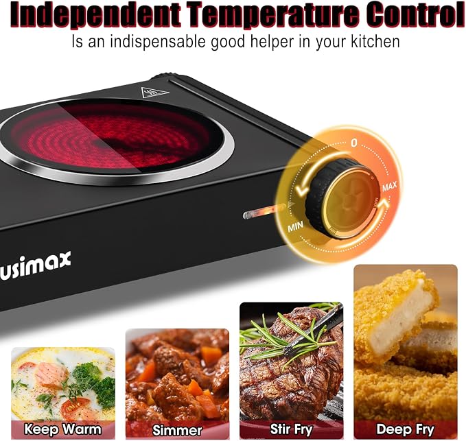 CUSIMAX Hot Plate for Cooking,1800w Double Infrared,Portable Electric Stove,Adjustable Temperature Control,Glass Plate Double Cooktop for Dorm Office Home Camp,Stainless Steel