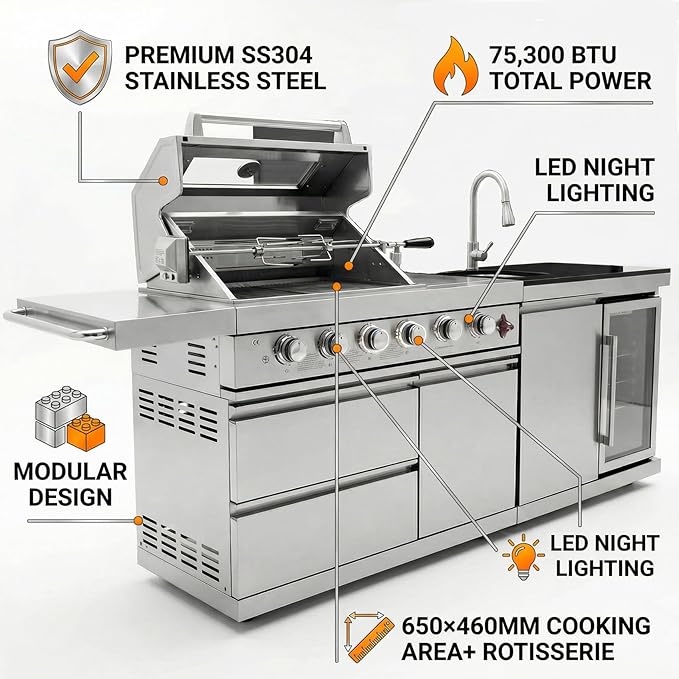 84" Modular Outdoor Kitchen Island, 4-Burner 75,300 BTU BBQ Island with Side Burner, Integrated Sink & Refrigerator, Side Prep Shelf, NG Conversion Kit, for Backyard and Patio Cooking, Silver