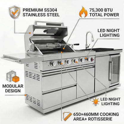 84" Modular Outdoor Kitchen Island, 4-Burner 75,300 BTU BBQ Island with Side Burner, Integrated Sink & Refrigerator, Side Prep Shelf, NG Conversion Kit, for Backyard and Patio Cooking, Silver