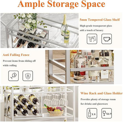 Bar Cart Silver, Bar Carts for The Home, Home Bar Serving Carts for Liquor, Rolling Wine Cart with 3 Tier Mirrored Shelves on Wheels for Alcohol and Beverage (Silver)