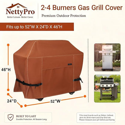 NettyPro BBQ Grill Cover 52 inch Heavy Duty Waterproof Outdoor 2-3 Burners Gas Grill Cover for Outside Weber, Char-Broil, Brinkmann, Nexgrill Barbecue, Brown