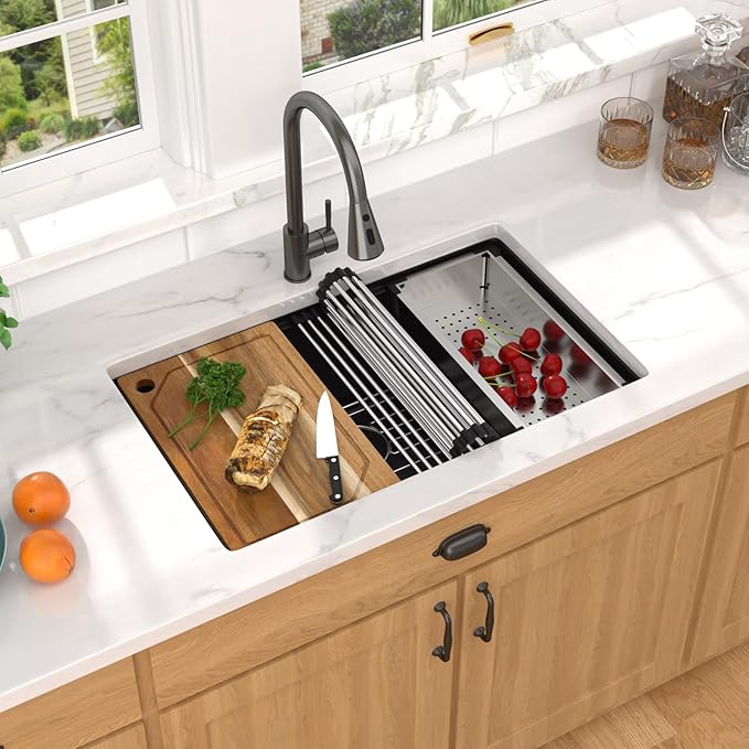 28x19 Inch Black Undermount Kitchen Sink, Granite Composite Kitchen Sink, Workstation All-In One Matte Black Quartz Classic Single Bowl Sinks Basin #TLGU-137