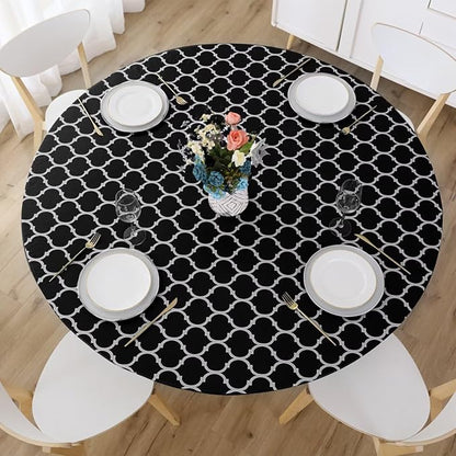 Romanstile Round Fitted Vinyl Tablecloth with Elastic Edge 100% Waterproof | Table Covers for 36"- 44" Tables, Wipeable Flannel Backed Plastic Table Cloths for Dinner Picnic Camping, BlackMoroccan