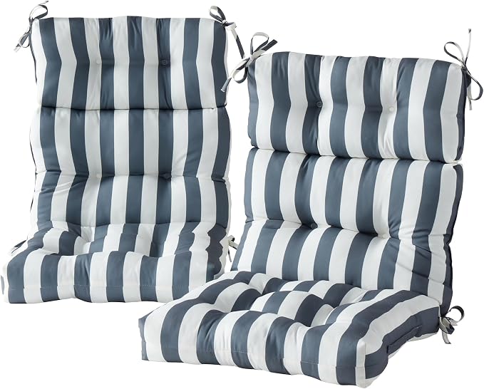 Outdoor Tufted High-Back Chair Cushions, One-Piece Hinged Seat and Back Design, Reversible with 4 Ties, Durable Polyester Fabric, Recycled Fiber Fill - Set of 2, Canopy Stripe Gray