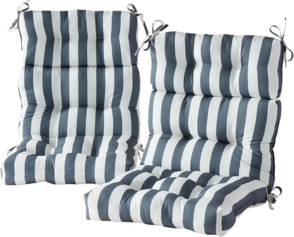 Outdoor Tufted High-Back Chair Cushions, One-Piece Hinged Seat and Back Design, Reversible with 4 Ties, Durable Polyester Fabric, Recycled Fiber Fill - Set of 2, Canopy Stripe Gray
