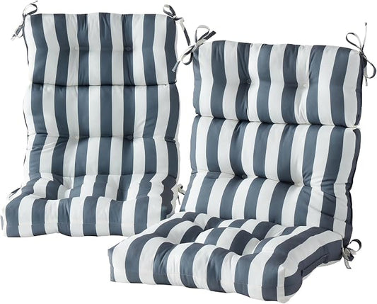 Outdoor Tufted High-Back Chair Cushions, One-Piece Hinged Seat and Back Design, Reversible with 4 Ties, Durable Polyester Fabric, Recycled Fiber Fill - Set of 2, Canopy Stripe Gray