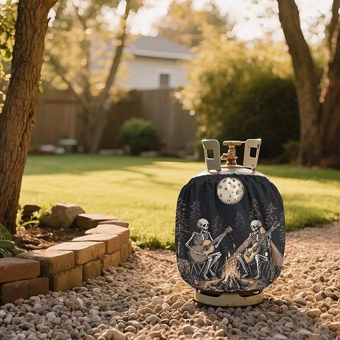 Camper Propane Tank Cover -Skeleton Camping - Outdoor 600D Heavy Duty Waterproof Covers Fits Standard 20 lb Cylinder, 13.7'' x 16.5'' for Rv Trailer