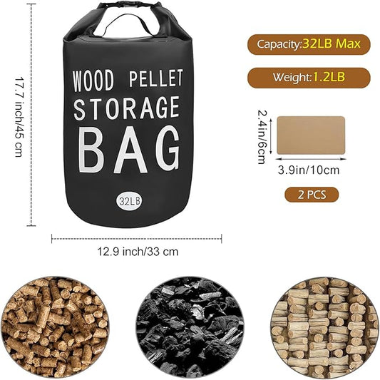 32LB Waterproof Wood Pellet Storage Bag - 500D PVC Charcoal Storage Container with Dual Handles, Label Pocket & Buckle Seal for Grill Smoker BBQ Outdoor Use (2, 32LB-Black)