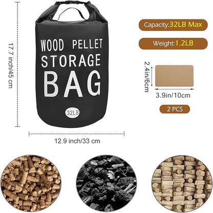 32LB Waterproof Wood Pellet Storage Bag - 500D PVC Charcoal Storage Container with Dual Handles, Label Pocket & Buckle Seal for Grill Smoker BBQ Outdoor Use (1, 32LB-Black)