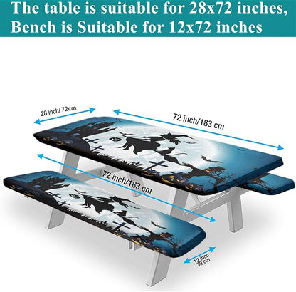 Halloween Picnic Fitted Tablecloth and Bench Seat Covers, 3 Pieces Set, Witch on The Full Moon Pumpkin Waterproof Table Cover, 28x72 Inch, Great for Picnic Party Outdoor Patio Use