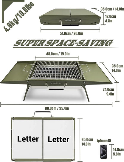 Charmline 20 x 14 inches Large Foldable Portable Charcoal BBQ Grill, Camping BBQ Grill for 3–5 People, Ideal for Camping, Garden, Beach, Picnic & Tabletop Use, Green