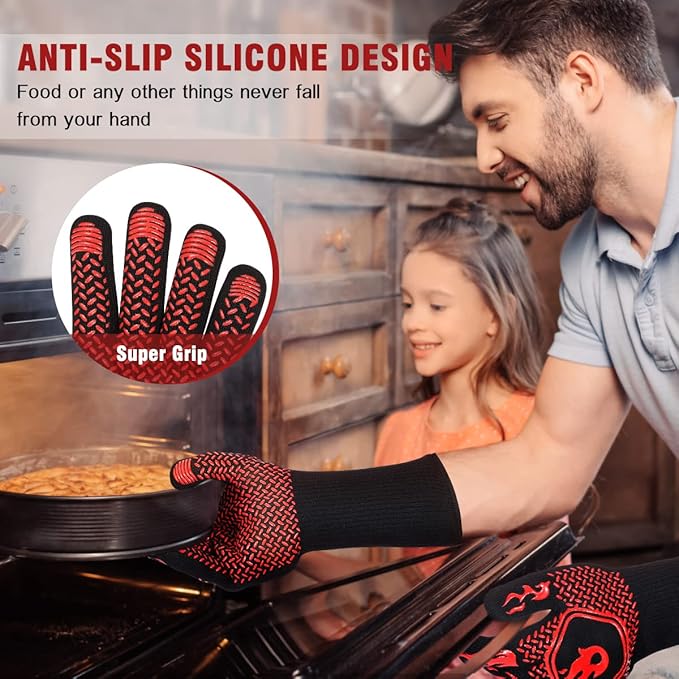 HAMITOR BBQ Grill Gloves : 1472 ℉ High Temp Resistance Fireproof Glove for Grilling Barbecue - Washable Long Silicone Oven Mitts Extreme Hot Proof Mittens for Kitchen Cooking Baking