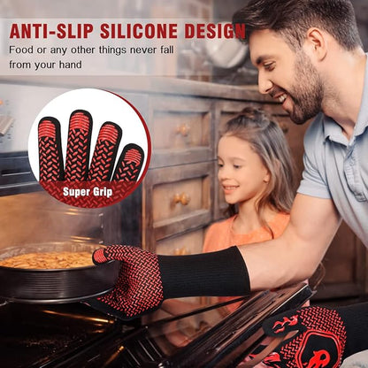 HAMITOR BBQ Grill Gloves : 1472 ℉ High Temp Resistance Fireproof Glove for Grilling Barbecue - Washable Long Silicone Oven Mitts Extreme Hot Proof Mittens for Kitchen Cooking Baking