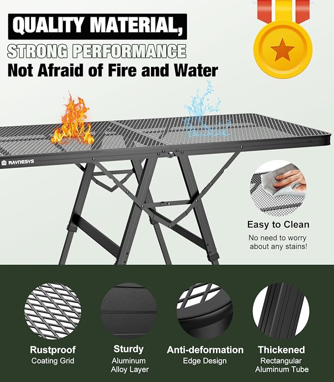 Raynesys Portable Folding Grill Table for Ourdoor, Camping, Picnic, BBQ | Foldable Grill Table with Mesh Desktop, 200lbs 4Ft Height Adjustable Metal Table, 47.24" L x 23.62" W