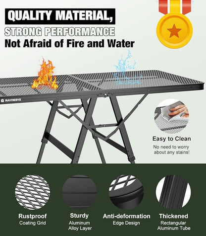Raynesys Portable Folding Grill Table for Ourdoor, Camping, Picnic, BBQ | Foldable Grill Table with Mesh Desktop, 200lbs 4Ft Height Adjustable Metal Table, 47.24" L x 23.62" W