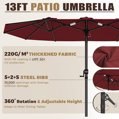 GDPFN 13FT Large Patio Umbrella, Outdoor Deck Standing Umbrella with Crank Handle, Double-Side Rectangular Pool Umbrella for Outside, Market, Patio, Burgundy (Base Not Include)