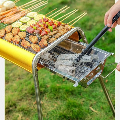 Portable Charcoal Grill for Camping BBQ, Outdoor Barbecue Grill with Thickened Stainless Steel Body, Dual Charcoal Tanks, Side Loading,64 * 35 * 82Cm-D