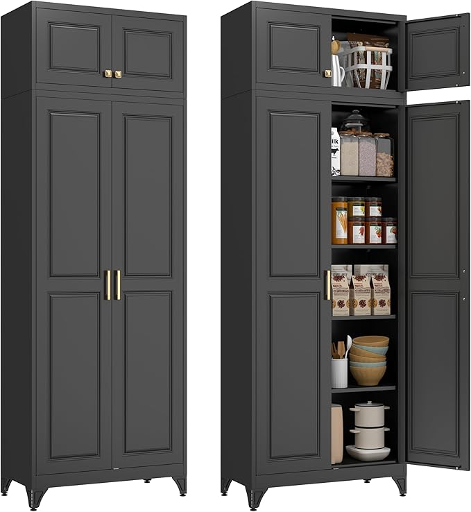 Polup Kitchen Pantry Cabinet, Metal Food Pantry cabinets with Doors and Shelves, 90" Tall Storage Cabinet for Dining, Living Room, Black, 16" D x 32" W x 90" H, Assembly Required