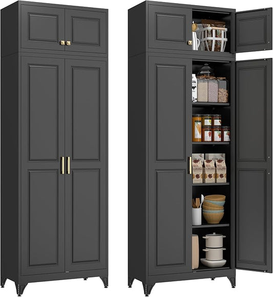 Polup Kitchen Pantry Cabinet, Metal Food Pantry cabinets with Doors and Shelves, 90" Tall Storage Cabinet for Dining, Living Room, Black, 16" D x 32" W x 90" H, Assembly Required
