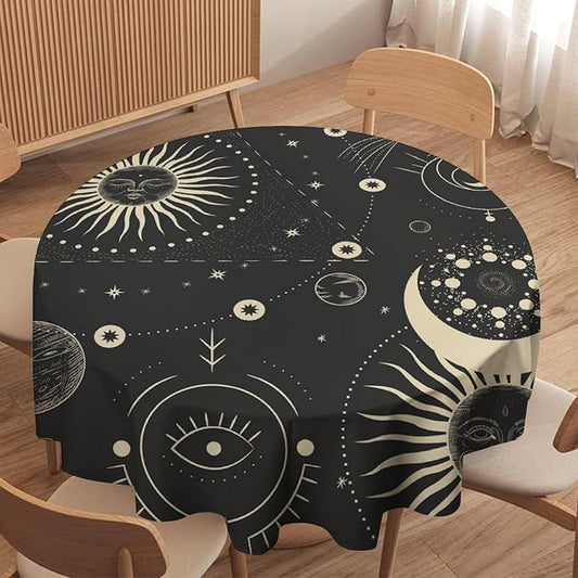 Sun Moon Round Tablecloth Boho Astrology Mystical Celestial Star Crescent Galaxy Space Table Cloth Water Resistant Wipeable Table Cover for Farmhouse Picnic Party Holiday Kitchen Dinner Table 70"