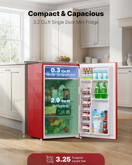 Upstreman 3.2 Cu.Ft Mini Fridge with Freezer, Red-BR321 | Adjustable Thermostat, Energy Saving, Low Noise, Reversible Door, Small Refrigerator for Dorm, Bedroom, Office