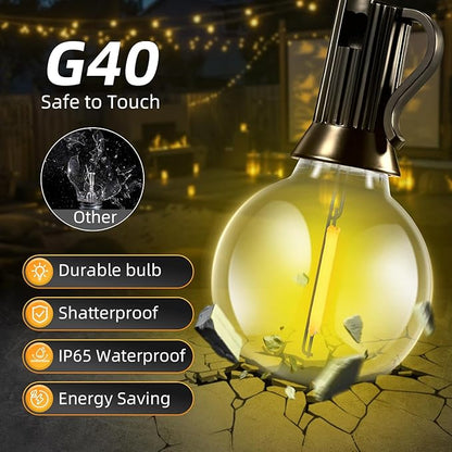 Solar Lights Outdoor Waterproof: G40 60M 200FT Shatterproof Bulbs Patio Lights - Solar Powered 3 Light Modes Solar Light - Camping Backyard Garden Deck Outside Yard