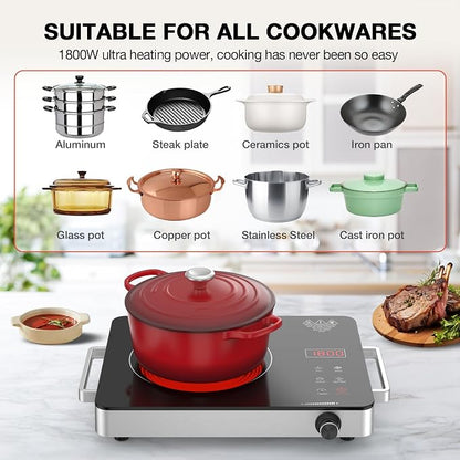 Electric Cooktop, Portable Electric Cooktop 1800W Single Burner Stove 110V with Plug, Hot Plate Countertop, Child Safety Lock, Timer, Infrared Burner,Touch and Knob Control