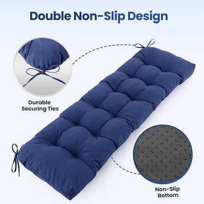 IASEAHK Outdoor Bench Cushion 59x18x5 Inch, Waterproof & Fade-Resistant Patio Furniture Cushions, Tufted Memory Foam Indoor/Outdoor Cushions for Couch Swing with Non-Slip Backing & Straps, Navy Blue
