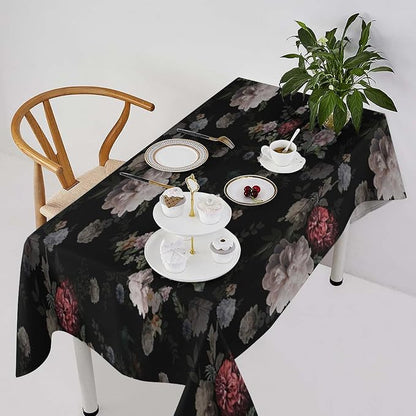 Vintage Florals Tablecloth, Black Pink Garden Gothic Flowers Rustic Roses Boho Botanical Plant Water Resistant Wipeable Table Cover for Picnic Party Holiday Kitchen Dinner Table 60"x110"