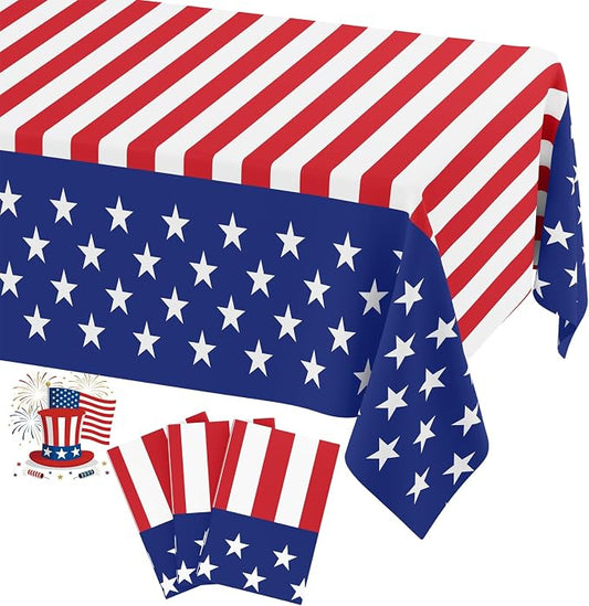 Smiry Disposable Table Cloth 3 Pack, 54 x 108 Inch Waterproof Plastic Tablecloth, Decorative Rectangle Table Covers for Party, Birthday, Picnic, American Flag