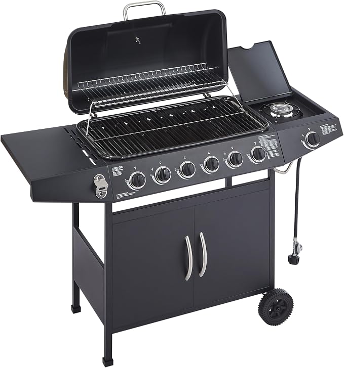 53" Stainless Steel Outdoor Kitchen BBQ Island Grill with LPG Black | 6 Burner 59000 BTU Enamel-Coated Grates and Side Tables for Outdoor Cooking Kitchen and Patio Backyard