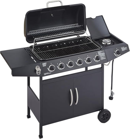 53" Stainless Steel Outdoor Kitchen BBQ Island Grill with LPG Black | 6 Burner 59000 BTU Enamel-Coated Grates and Side Tables for Outdoor Cooking Kitchen and Patio Backyard