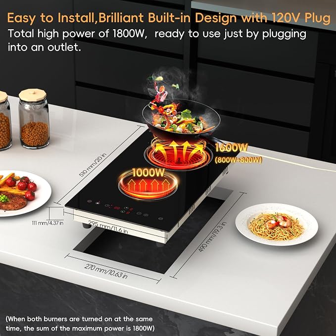 2 Burner Electric Cooktop 110V, 1800W Electric Stove Top 12 Inch, Plug in | Radiant Ceramic, Two Burner Electric Cooktop, Countertop & Built-in Stove, Touch Control, 9 Level Power, Timer, Safety Lock