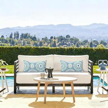 LVTXIII Outdoor/Indoor Lumbar Pillows, Decorative Patio Lumbar Cushions, Fluffy Water Repellent Garden Cushions for Home Patio Coach Sofa Use, 12×20 Inch, Pack of 2, Delancey Lagoon