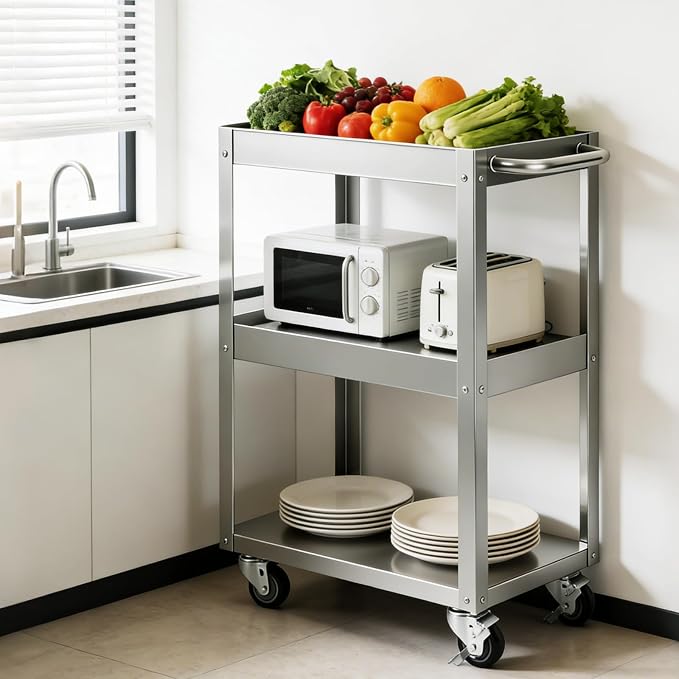 Hally Stainless Steel Utility Cart 3 Tier NSF Rolling Carts 24" Lx16 Wx34 H | Commercial Heavy Duty Metal Mobile Food Cart, with Handle and Wheels, for Kitchen, Restaurant, Hospital, Laboratory and Home