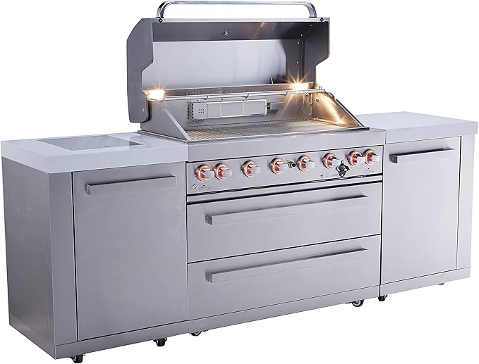 Mont Alpi Premium 94"W x 23"D x 46"H Stainless Steel Modular Outdoor Kitchen Island with Infrared Side Burner + 44"W 6-Burner BBQ Gas Grill + White Granite Countertops + Storage Cabinets & Drawers