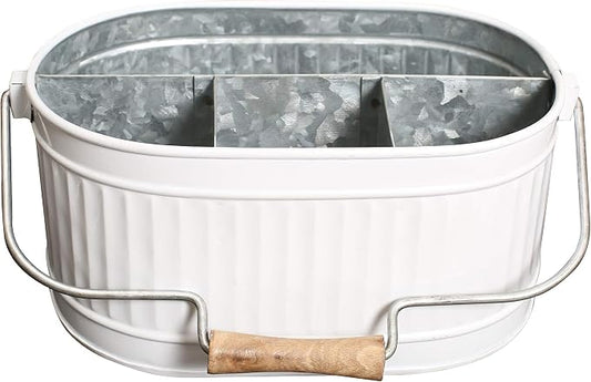 Alpha Living Home Rustic Heavy Duty Alloy Multi-Compartment Silverware Caddy - Metal Utensil Versatile All-in-One Organizer for Kitchen, Bathroom & Office Utensils, Flatware, and Accessories (White)