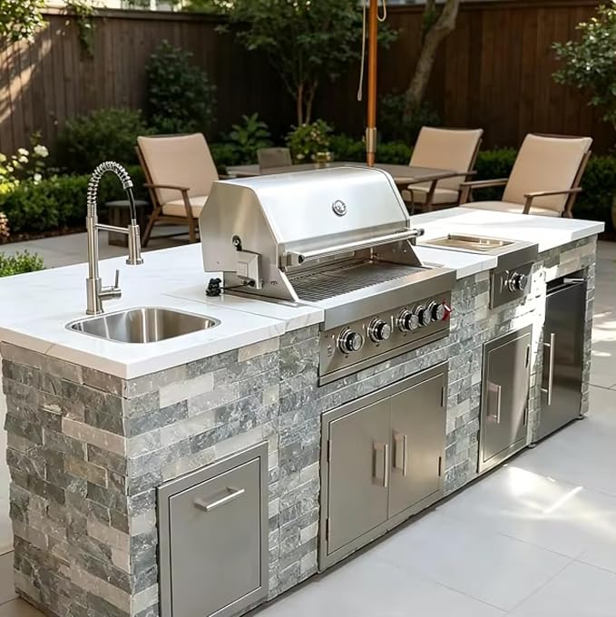 Modular Outdoor Kitchen Island with Built-in Gas Grill & Refrigerator, BBQ Station with Sink, Side Burner, Storage Cabinets & Bar Seating – Outdoor Kitchen Pod for Backyard, Patio, Deck