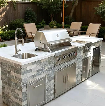 Modular Outdoor Kitchen Island with Built-in Gas Grill & Refrigerator, BBQ Station with Sink, Side Burner, Storage Cabinets & Bar Seating – Outdoor Kitchen Pod for Backyard, Patio, Deck