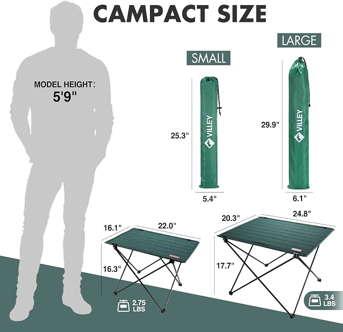 VILLEY Folding Camping Table, Portable Lightweight Table with Carry Bag | Oxford Fabric & Reinforced Aluminum Panel, Stable Tabletop for Camping, Picnic, BBQ & Outdoor Dining