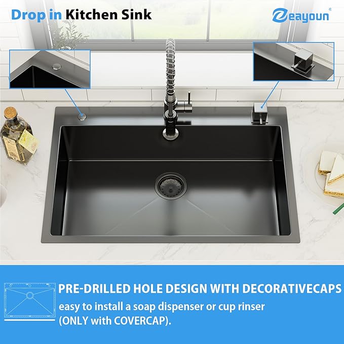 33 Inch Gunmetal Black Drop In Kitchen Sink 33 x 22 Kitchen Sink 18 Gauge Stainless Steel Single Bowl Topmount Sink with Nano Coating, 33x22x9
