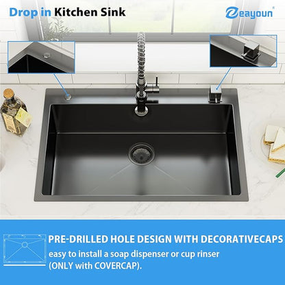 33 Inch Gunmetal Black Drop In Kitchen Sink 33 x 22 Kitchen Sink 18 Gauge Stainless Steel Single Bowl Topmount Sink with Nano Coating, 33x22x9