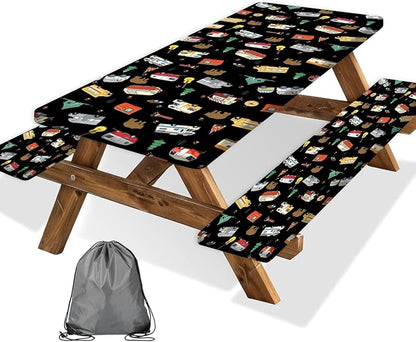Picnic Table Cover with Bench Covers and Bag, Camping Rv Essentials, Waterproof Windproof Fabric, Fitted Tablecloth Cover with Elastic Edge, 3 PCS, 30x96 Inch, Black