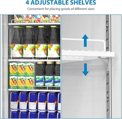 11.3 Cu.Ft Commercial Display Refrigerator, Glass Door Beverage Cooler with Adjustable Shelves, LED Lighting & Advertising Panel, Mobile Design, White