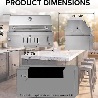 Built in Charcoal Grills for Outdoor Kitchen Island, Large Drop-in Barbecue Grill with Liftable Tray, Insulated Hood & Temp Gauge Heavy Duty Stainless Steel BBQ Grill for Family Parties Patio Cooking