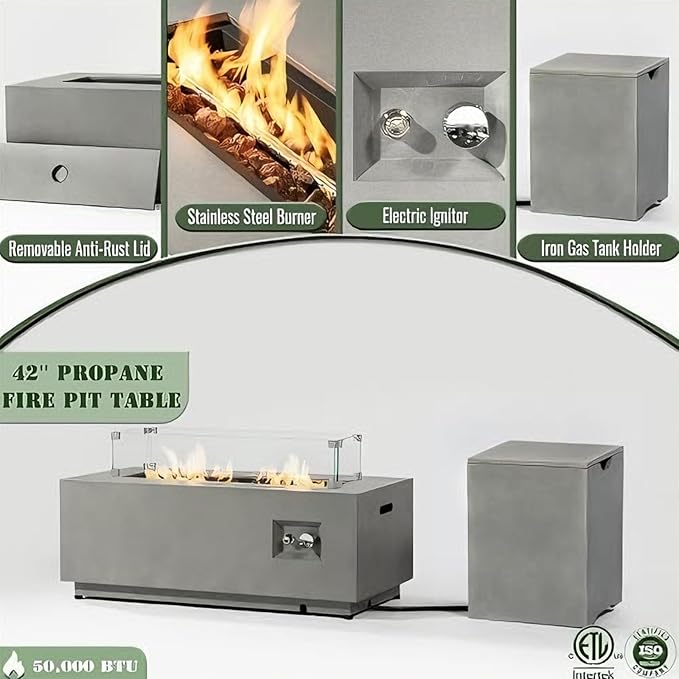 42" Propane Fire Pit Table, 2-Pieces 50,000 BTU Outdoor Gas Firepit with Wind Guard Lid, Rectangular Steel Fire Table for Patio, Backyard, Deck, All-Weather Steel Frame