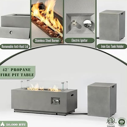 42" Propane Fire Pit Table, 2-Pieces 50,000 BTU Outdoor Gas Firepit with Wind Guard Lid, Rectangular Steel Fire Table for Patio, Backyard, Deck, All-Weather Steel Frame