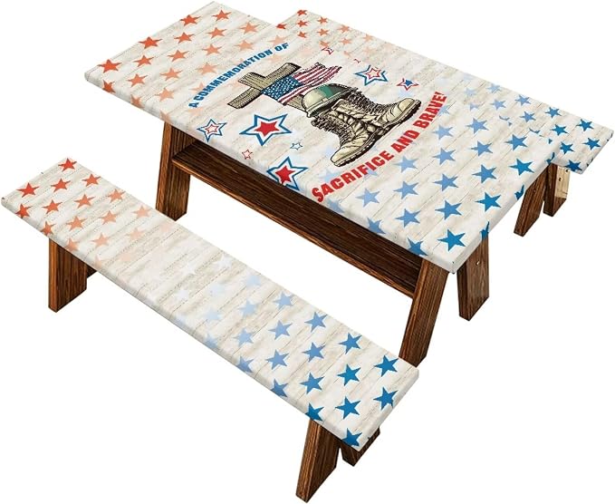 Memorial Day Outdoor Picnic Table Cover Cemetery Decorations Outdoor 3 PCS Set Fitted Picnic Table Cover for Outdoor Camping